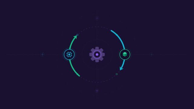 Animated abstract gear with rotating arrows on dark background
