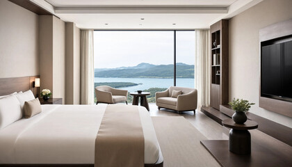 Fototapeta premium Luxury hotel suite bedroom with scenic lake and mountain landscape view interior furniture landscape mountain hospitality accommodation vacation television bookshelf serenity