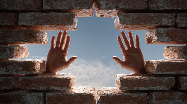 Hands reaching through brick wall opening