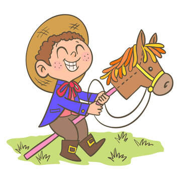 Boy riding a horse, playing cowboys.