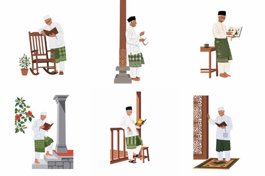Illustration set of an elderly Malay man in traditional baju melayu clothing reading, praying, and relaxing in various cultural settings.