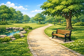 Fototapeta premium A serene park scene with a bench overlooking a peaceful pond