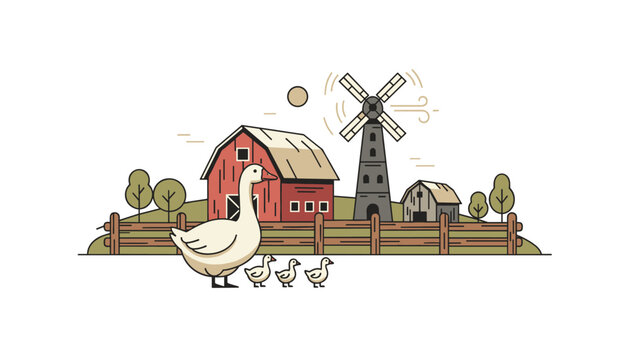White mother goose with her three cute little goslings walking on a farm past a red barn and a windmill, vector illustration.