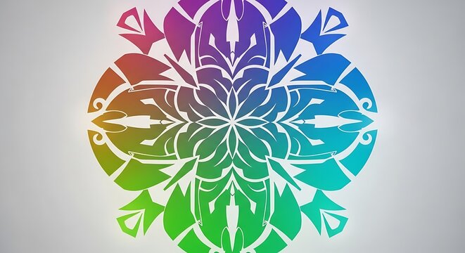 Rainbow gradient mandala ornament with floral symmetry on light background