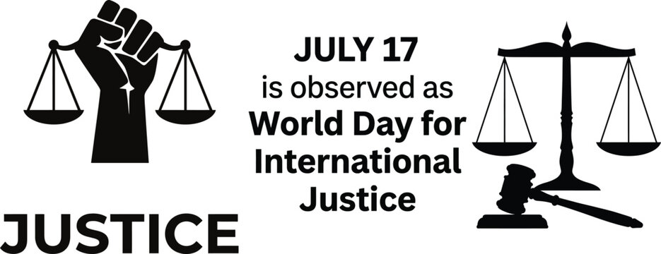 Black silhouettes of justice symbols on for world day for international justice on july 17th