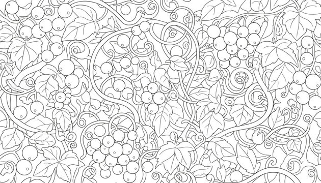 Seamless black and white outline pattern of grapes hanging on vines with curly tendrils and leaves for coloring.