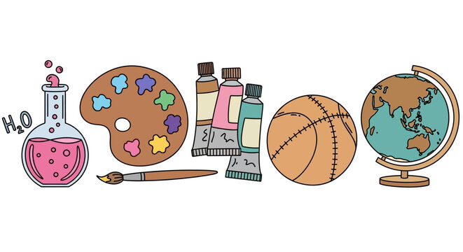 Colorful school supplies, educational icons, learning tools, classroom objects