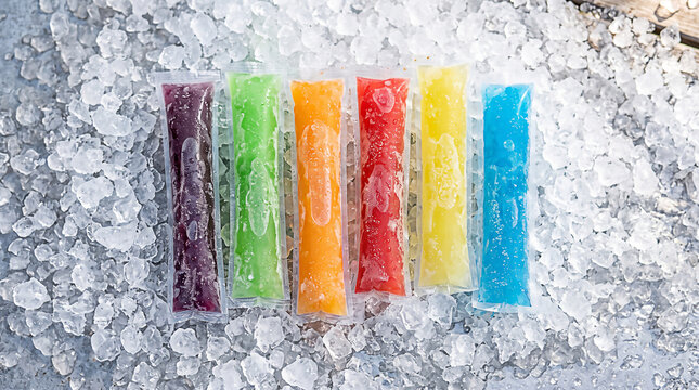 Celebrate freezer pop day with a vibrant assortment of colorful icy fruit flavored tubes chilled perfectly on a bed of fresh crushed ice for summer refreshment