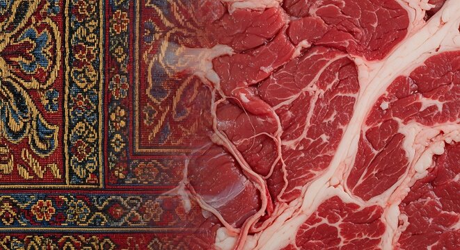 Raw beef steak texture overlaid with a traditional ornate carpet pattern