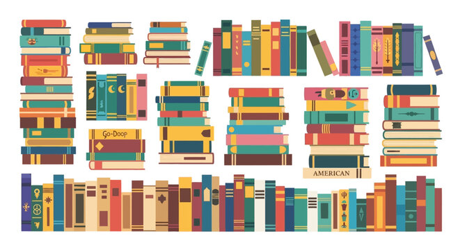 Colorful book stacks, book collection icons, library books, educational resources