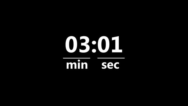 Digital stopwatch timer with elapsed minutes and seconds on black background with subtle motion