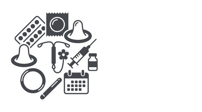 A collection of various contraceptive methods and birth control icons arranged in a circular composition.