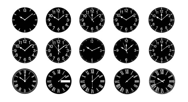 Black clock faces, analog time icons, white hands, 15 clocks, time concept, vector graphics