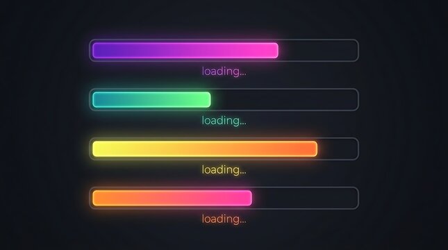 Multiple colorful gradient progress loading bars on dark background with progress gradient colorful