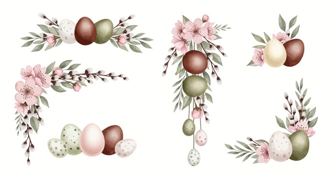 Easter eggs, floral arrangements, pink flowers, green leaves, brown and white eggs, 6 decorative borders