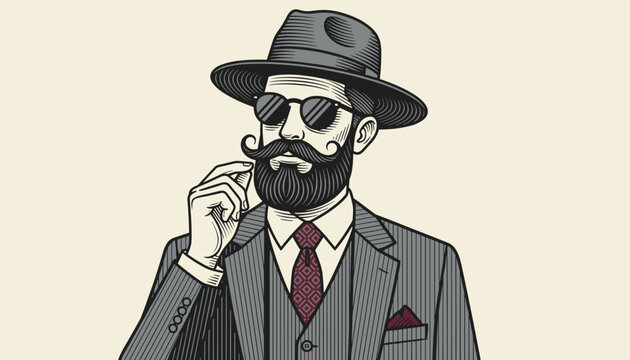 Stylish bearded gentleman with a classic fedora hat and pinstripe suit depicted in elegant vintage engraving.