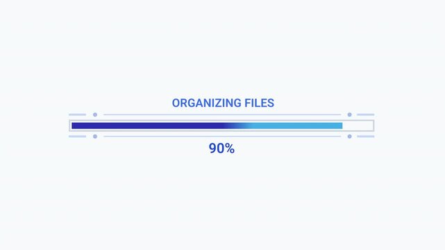 Modern flat vector animation of an organizing files progress bar with loading status text and percentage indicator. Ideal for file management, software, web applications, dashboards, and technology pr
