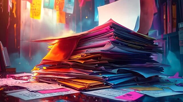 A large stack of colorful paper documents on a messy desk