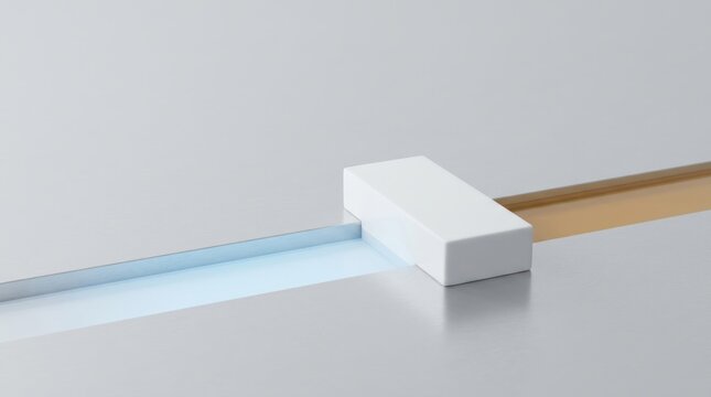 Minimalist data loss prevention concept with sealed outflow channel, white containment block and copy space for cybersecurity report header