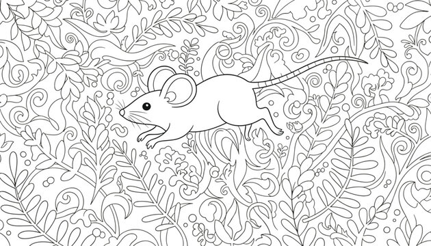 Small field mouse running through a complex background of dense forest foliage, floral patterns, and vines for coloring.