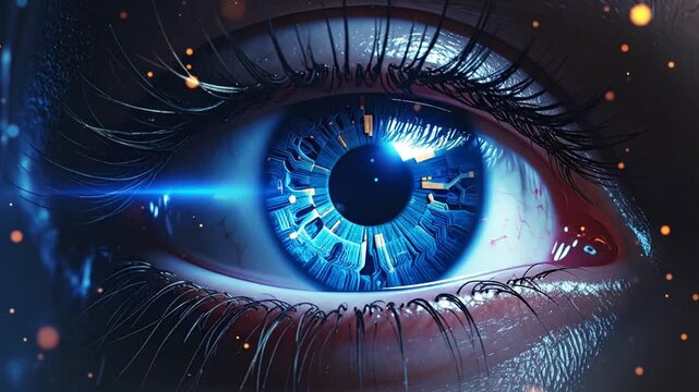 A close up view of a glowing digital human eye iris