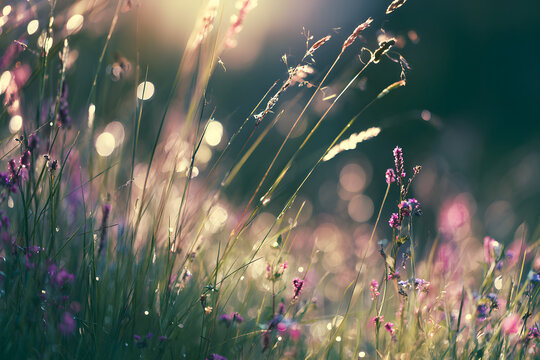 bokeh for grass and flowers, serene summer natural backdrop, sun glare softened on meadow petals and lush green fields