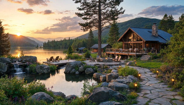 Rustic log cabin retreat by a serene mountain lake at sunset with a stone pathway and backyard terrace mountain wilderness vacation landscape peaceful twilight reflection architecture