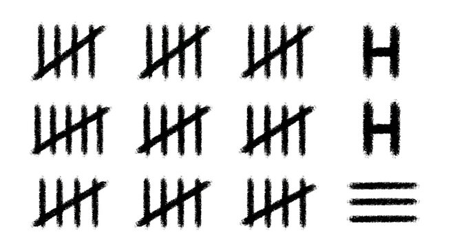 Hand drawn tally marks set on white background, black ink counting strokes for prison wall or survival tracking, sketch style score counter vector