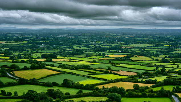 Patchwork fields spread across County Meath, Ireland, under heavy cloud. A peaceful Boyne Valley farming landscape of hedgerows, pasture, and rural roads.