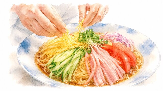 手を添えて錦糸卵を盛り付ける、具材たっぷりの冷やし中華の水彩画イラスト