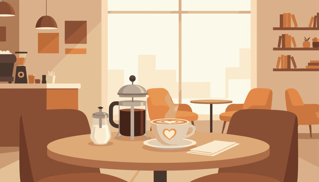Cozy cafe interior view featuring a round table with hot cappuccino, sugar bowl, french press, and comfy armchairs.