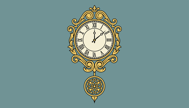 Vintage gold wall clock with ornate baroque decorations and a hanging pendulum on a plain blue background.