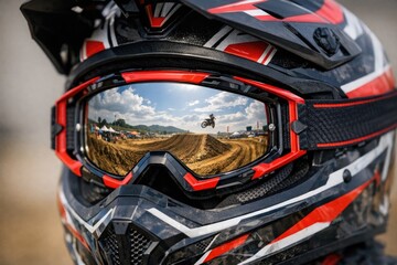Fototapeta premium A person wearing a helmet and goggles riding on a dirt track, perfect for adventure or action shots