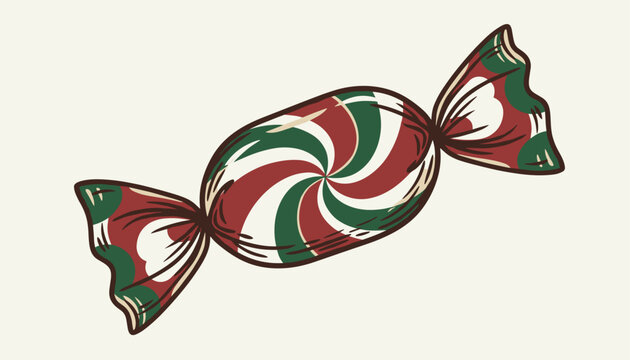 Traditional Christmas peppermint candy wrapped in festive red, green, and white wrapper on off-white background.