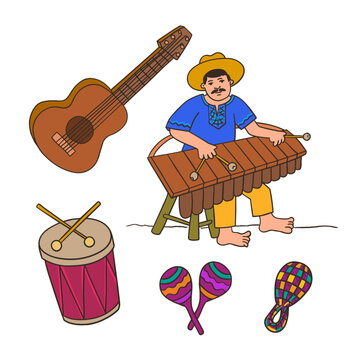 A man playing the traditional Nicaraguan marimba and various traditional musical objects.