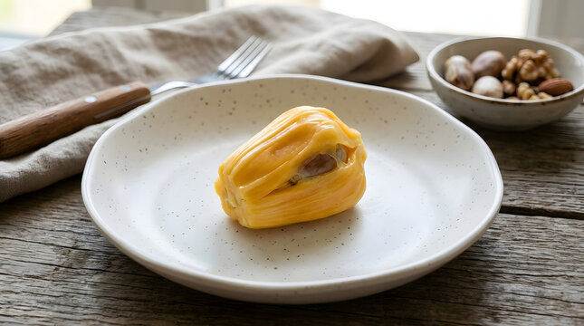 Fresh jackfruit bulb on a ceramic plate