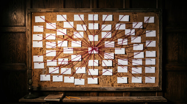 Wide shot of a weathered corkboard with red string connections