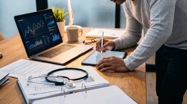 A person works at a wooden desk with a laptop showing colorful charts, a tablet used with a stylus, and papers scattered around. A stethoscope rests on reports, suggesting medical data analysis.