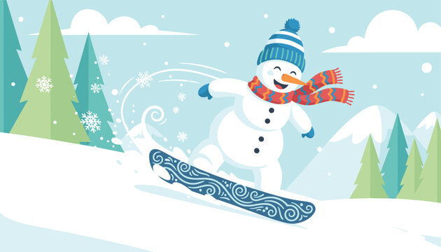 Joyful cartoon snowman wearing a hat and scarf riding a snowboard down a winter mountain slope with pines.