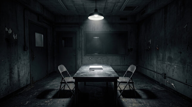Dark, stark interrogation room with table, chairs, and window.