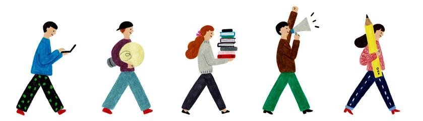 学び・創造・発信・デジタルを運ぶ人々の手描きイラストセット