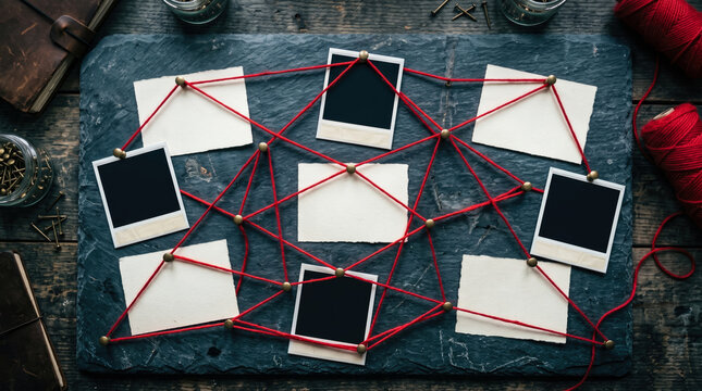 Investigation board with blank photos, papers, and red string web.