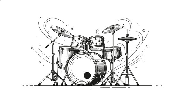 Detailed black and white vector illustration of a complete drum set with cymbals and drumsticks on a white background.