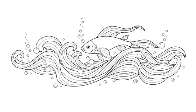 Elegant black and white coloring page showing a graceful fish swimming through beautifully stylized sea waves.
