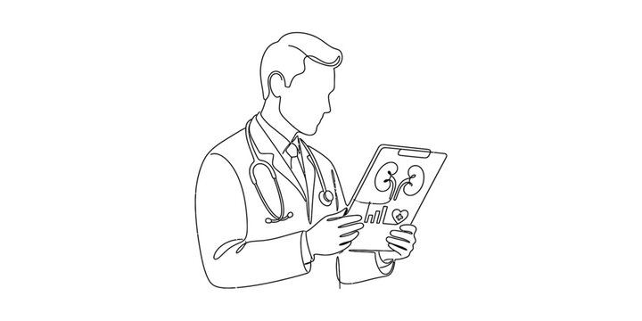 Continuous line drawing of a doctor examining a kidney scan on a clipboard.