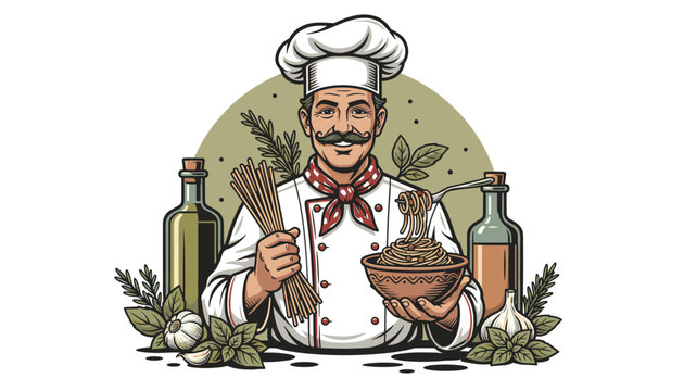 Smiling chef holding raw spaghetti and a bowl of pasta is framed by fresh olive oil, garlic, and basil.