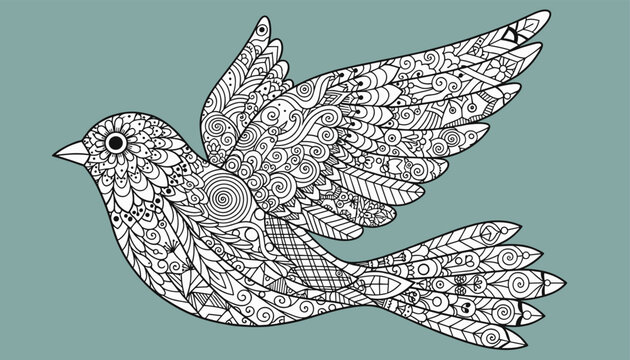 Elegant bird in mid-flight is filled with beautiful zentangle and mandala patterns on a dusty blue background.