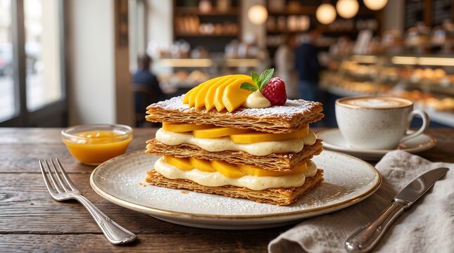 Luxury Mango Mille-Feuille Pastry with Fresh Tropical Mango and Vanilla Cream in Elegant Bakery Presentation