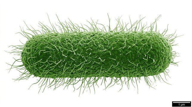 Microscopic image of green ciliated bacterium under scanning electron microscope