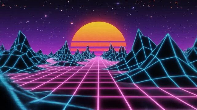 Abstract retrowave landscape with low poly mountains and neon grid under a glowing orange sun